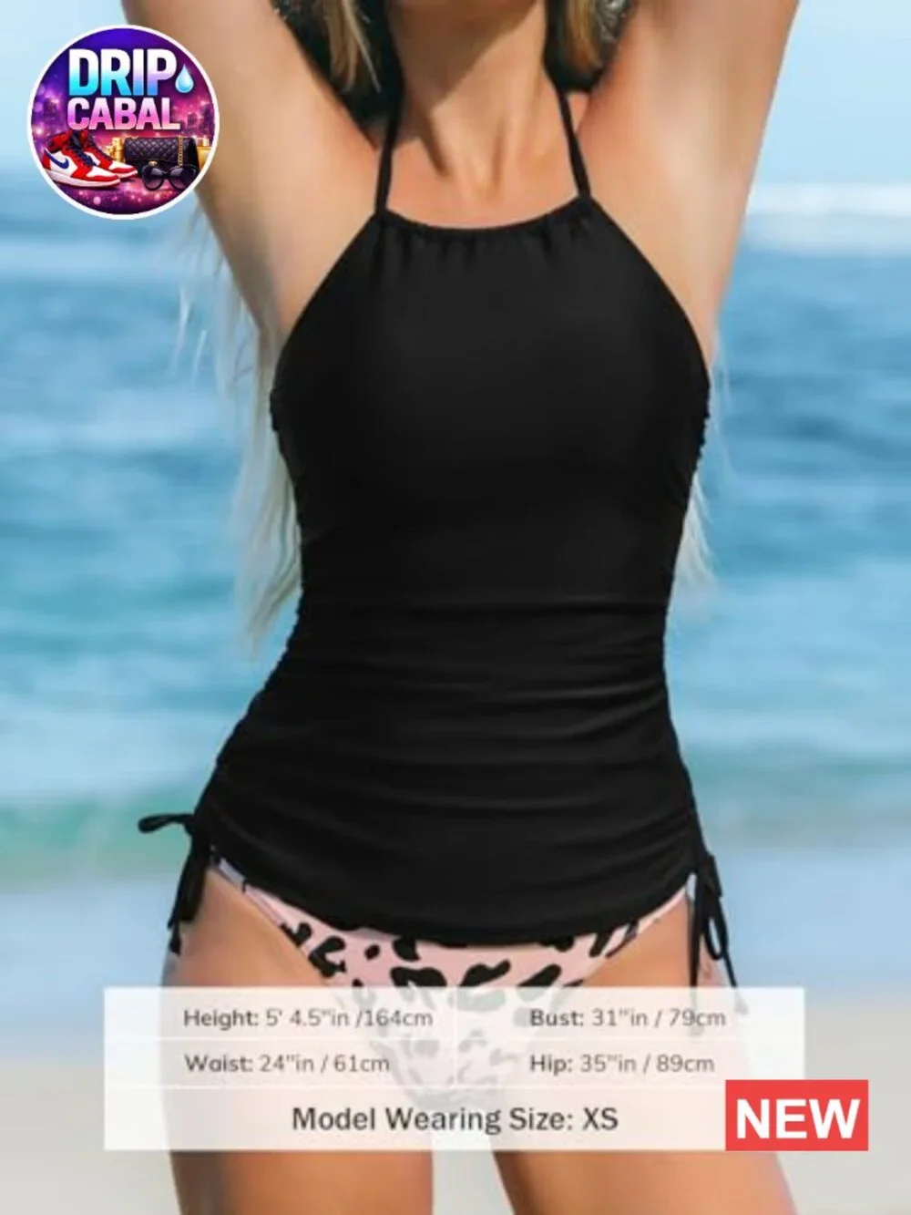 Tankini Set with High Neck Halter Adjustable Straps Mid Rise Drawstrings
